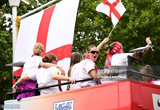 Grace Clinton of England reacts during the England Women's team victory parade and celebration on July 29, 2025 in London, England. England defeated...