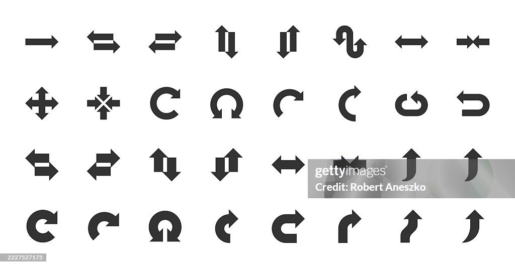 Ícones sólidos de seta. Ilustração vetorial. Elemento de design. Contém ícones como Direção, Sinal de trânsito, Navegação, Design de interface do usuário, Fluxograma.