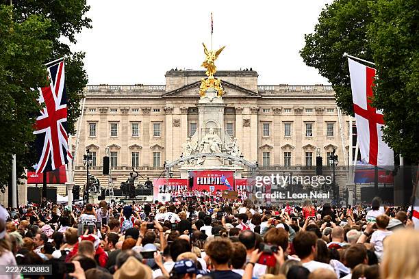 General view of the stage at Buckingham Palace during the England Women's team victory parade and celebration on July 29, 2025 in London, England....