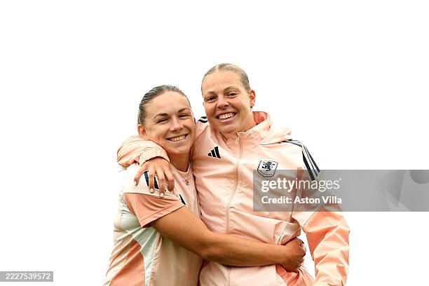 Kirsty Hanson and Jill Baijings of Aston Villa pose for a photo during a training session at Bodymoor Heath training ground on July 29, 2025 in...