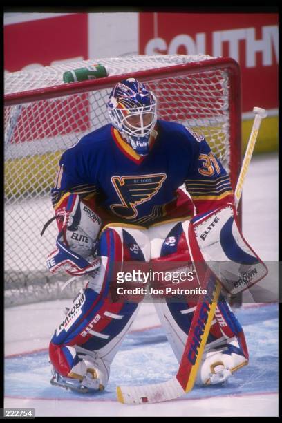 Goaltender Grant Fuhr of the St. Louis Blues looks on during a game against the Dallas Stars at Reunion Arena in Dallas, Texas. The Blues won the...