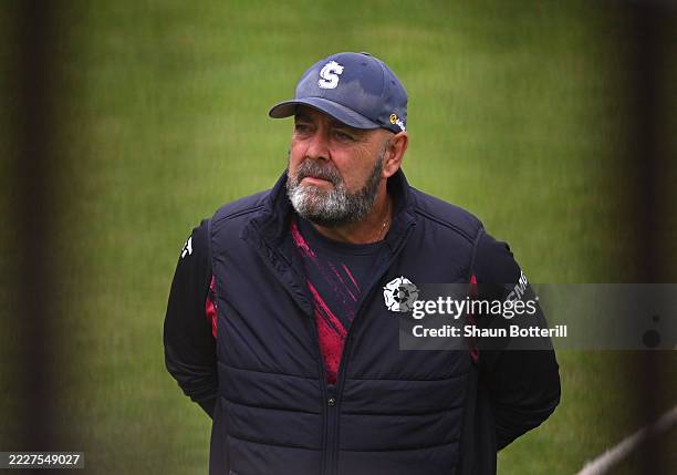 Northamptonshire coach Darren Lehmann walks around the boundary during day one of the Rothesay County Championship match between Northamptonshire and...