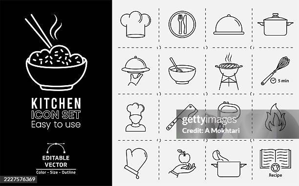 vector kitchen icons: chef, utensils, cooking and ingredients. - chefs hat stock illustrations