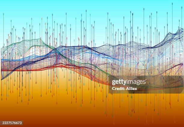 abstract data visualization featuring colorful wireframe landscape with gradient background - data compare abstract stock illustrations