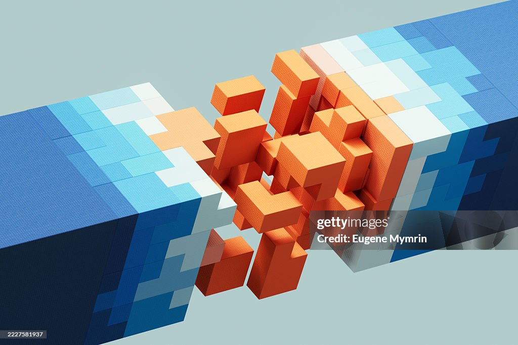 Blue and Orange 3D Cubes Representing Interconnected AI Systems and Digital Transformation
