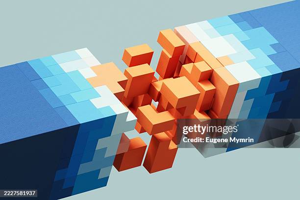 blue and orange 3d cubes representing interconnected ai systems and digital transformation - block shape stock pictures, royalty-free photos & images