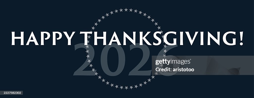 Banner de cartão oficial sereno. Feliz Dia de Ação de Graças 2026!