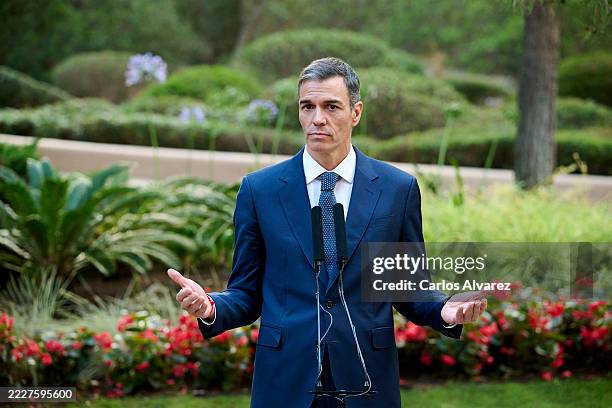 Prime minister Pedro Sánchez attends a press conference after meeting King Felipe VI of Spain at Marivent Palace on July 29, 2025 in Mallorca, Spain.