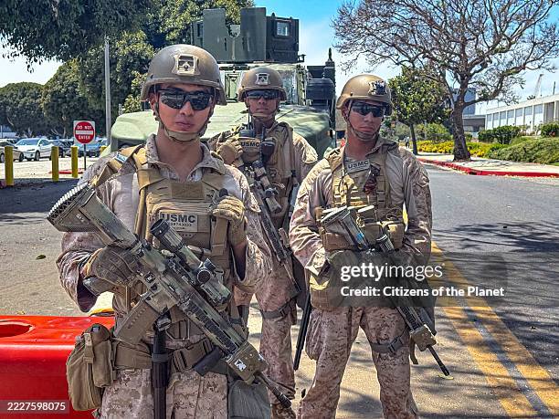 United States Marines deployed at the US federal building in Westwood, during a period of increased ICE raids and detentions in Los Angeles. Marines...