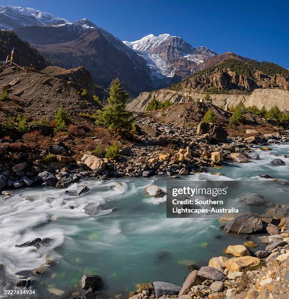 a scenic viewpoint in the manang area, upper eastern annapurnas, nepal, himalayas. - nepal water stock pictures, royalty-free photos & images