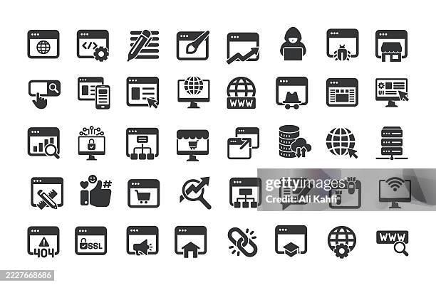 website glyph solid icons. containing internet, web design, programming, network solid icons collection - saas stock illustrations