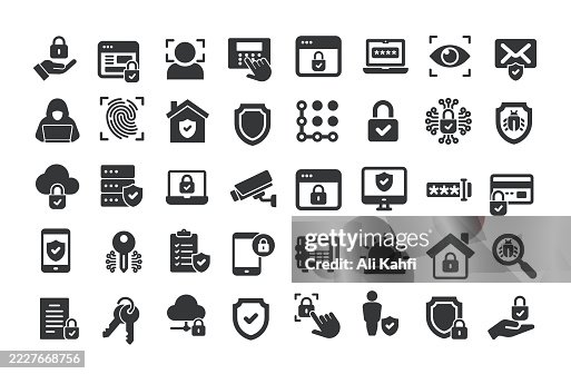 Security glyph solid icons. Containing protection, safety, defense solid icons collection Security glyph solid icons. Containing protection, safety, defense solid icons collection