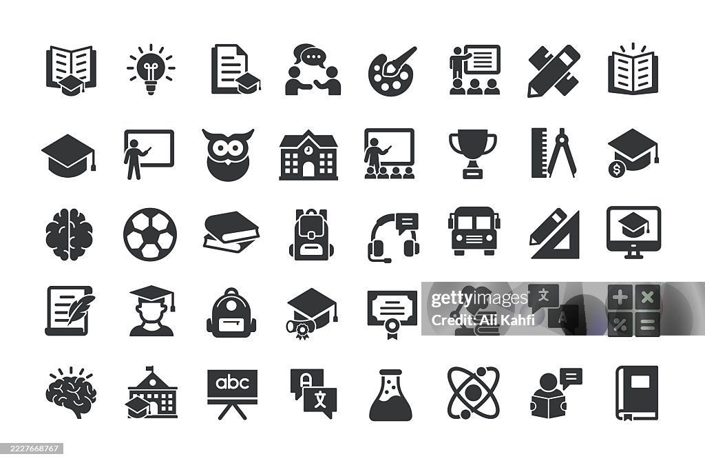 Bildung Glyphe feste Symbole. Enthält eine Sammlung von soliden Symbolen für Schule, Universität und Lernen