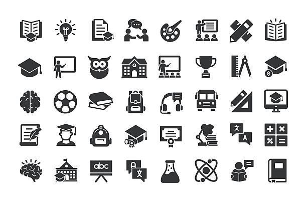 education glyph solid icons. containing school, university, learning solid icons collection - book icon stock illustrations