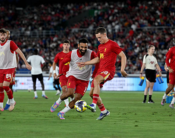 Florian Wirtz and Mohamed Salah of Liverpool during the warm up before the MEIJI YASUDA J.LEAGUE World Challenge 2025 presented by The Nippon...
