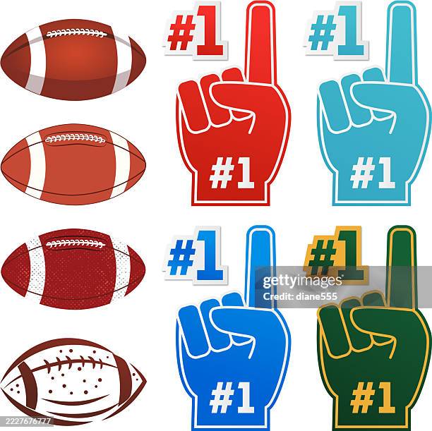 assorted footballs and a foam fingers - american football league stock illustrations