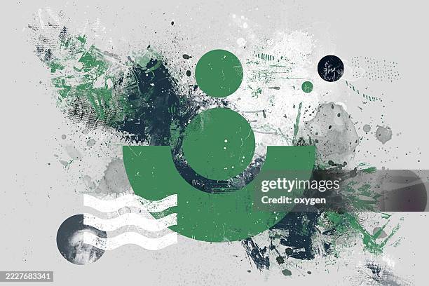 grunge abstract composition with green geometric shapes. modern abstract grunge artwork featuring green geometric shapes and splattered textures. - mixed media stock pictures, royalty-free photos & images