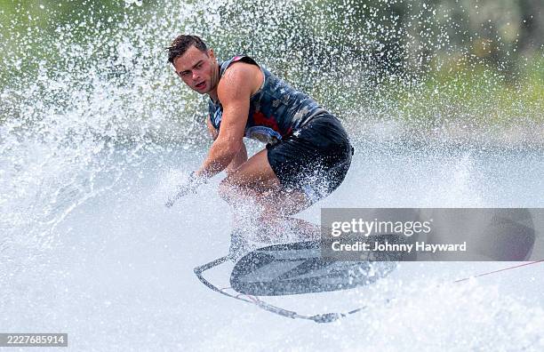 Dominic Kuhn of Austria tricks during the men's finals at the 2025 IWWF World U21 Water Ski Championships at Predator Bay Water Ski Club on August 3,...