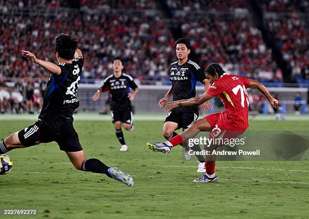 Rio Ngumoha of Liverpool scoring the third goal making the score 1-3 to Liverpool during the MEIJI YASUDA J.LEAGUE World Challenge 2025 presented by...