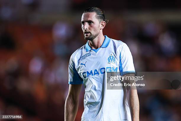 Adrien Rabiot of Olympique Marseille looks on during the AirCup match between Valencia and Marseille at Nou Estadi Costa Daurada on July 29, 2025 in...