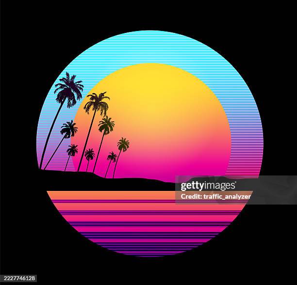 synthwave retro background - palm trees - sun flare trees stock illustrations