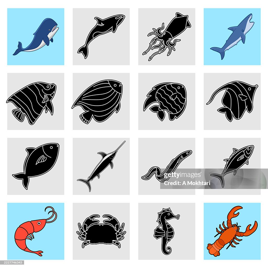 Black and colored icons of marine animals and crustaceans.