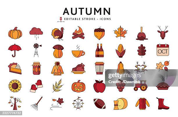 herbst, thanksgiving, herbst, erntezeit buntes icon-set - wasserdichte kleidung stock-grafiken, -clipart, -cartoons und -symbole
