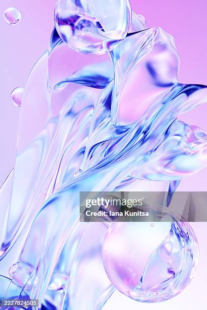 abstract composition of floating iridescent water drops, bubbles and fluid waves in pastel gradient pink, blue and purple tones. futuristic beauty 3d vertical background. concept of purity, liquid, innovation. - aminoácido fotografías e imágenes de stock