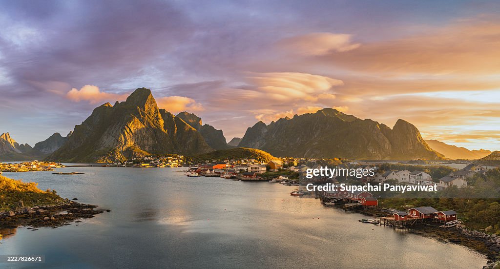 Viewpoint of Reine village on Lofoten Islands in moring, Norway