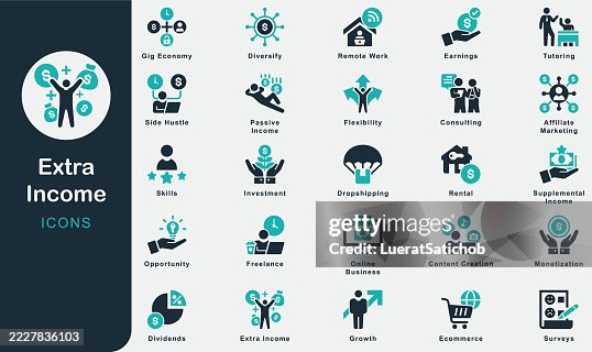 Extra Income solid icons collection.Containing Earnings, Make Money, Freelance, Jobs, Opportunity, Investment, Skills, Flexibility, Growth, Side Hustle, Passive Income, Gig Economy, Online Business Extra Income solid icons collection.Containing Earnings, Make Money, Freelance, Jobs, Opportunity, Investment, Skills, Flexibility, Growth, Side Hustle, Passive Income, Gig Economy, Online Business
