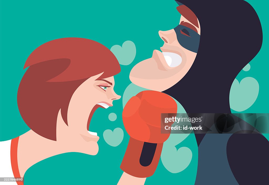 Angry woman punching scammer