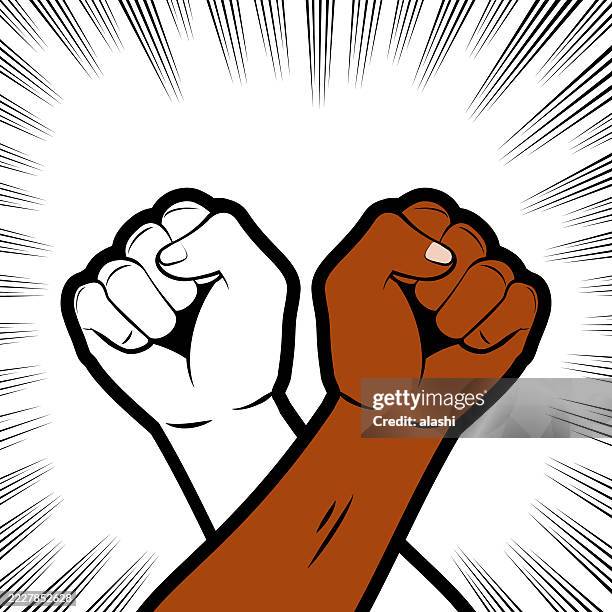 two powerful clenched fists crossing over each other, power, impact, a strong statement, confrontation, or unity - raised fist stock illustrations