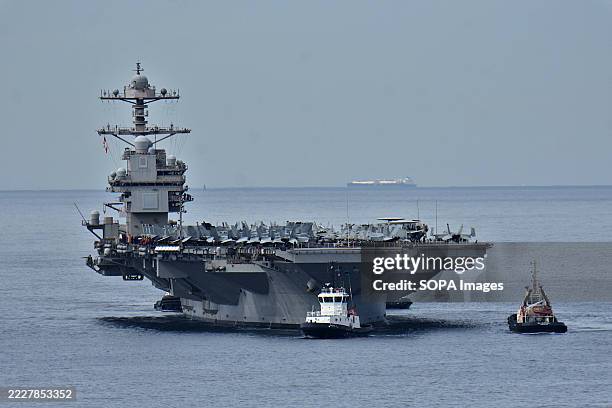 View of the aircraft carrier USS Gerald R. Ford arriving in Marseille.