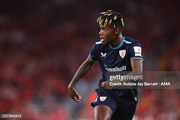 Nico Williams of Athletic Club during the pre-season friendly match between Liverpool v Athletic Club Bilbao at Anfield on August 4, 2025 in...