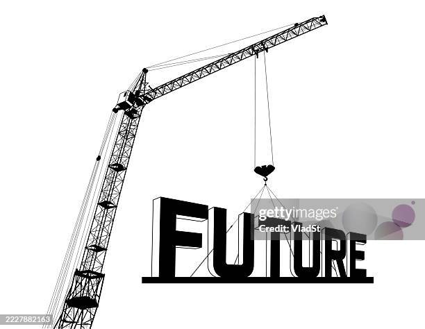 ilustraciones, imágenes clip art, dibujos animados e iconos de stock de construyendo un concepto de desarrollo futuro con grúa de construcción - construir