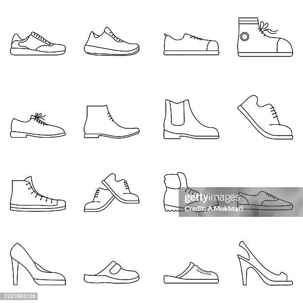 minimalistische vektorsymbole von herren- und damenschuhen. - eleganter schuh stock-grafiken, -clipart, -cartoons und -symbole