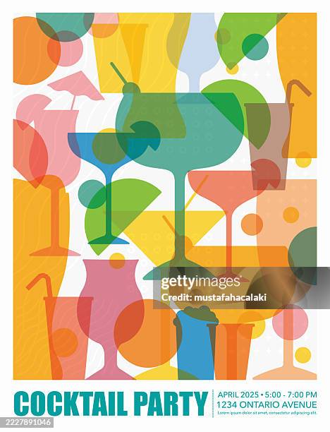 ilustraciones, imágenes clip art, dibujos animados e iconos de stock de colorido diseño de invitación de cóctel retro. - bar bottles background