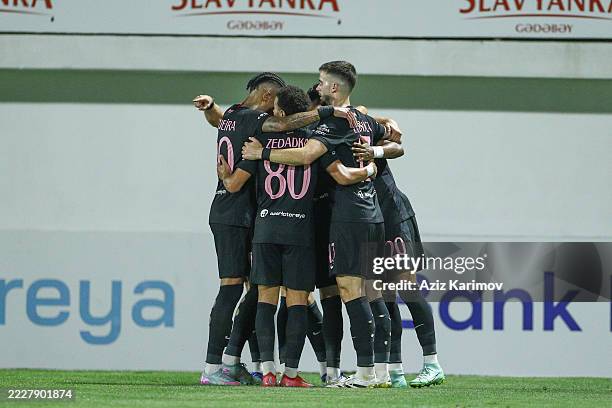 Joy-Lance Mickels of Sabah celebrate his second goal with teammates during the UEFA Conference Second Qualifying Round Second Leg match between Sabah...