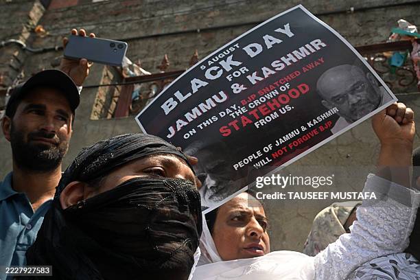 Congress supporters protest to demand statehood for Kashmir, in Srinagar on August 5 six years since New Delhi scrapped Article 370 in the Indian...