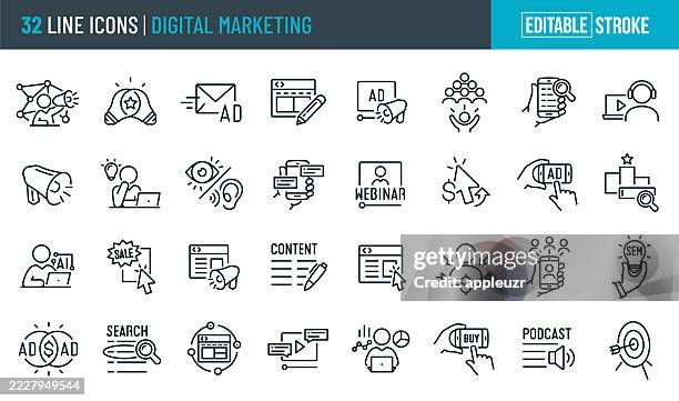 digital marketing thin line icons - editable stroke - icons include marketers, online marketing, business strategy, advertising, email, blog, content marketing, podcast, website, search engine optimization - digital marketing content stock illustrations