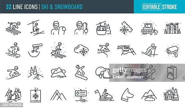 skiing and snowboarding thin line icons - editable stroke - icons include a person snow skiing, snowboarding, ski resort, snowboarder, skier, mountains, snow, outdoor recreation - ski goggles stock illustrations
