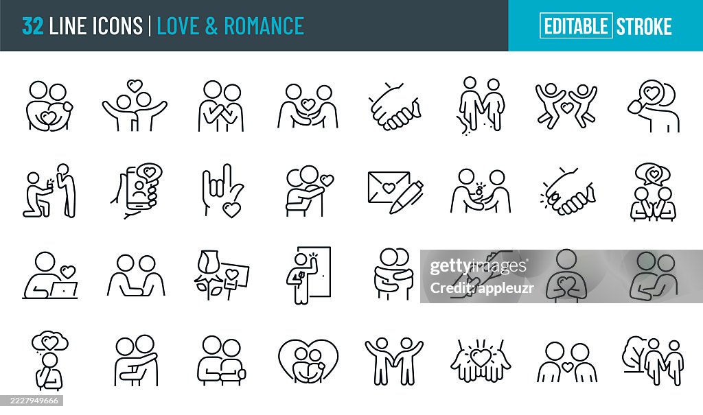 Romance And Love Thin Line Icons - Editable Stroke - Icons Include Couples In Love, Courtship, Partners, Dancing, Dating, Holding Hands, Wedding Proposal