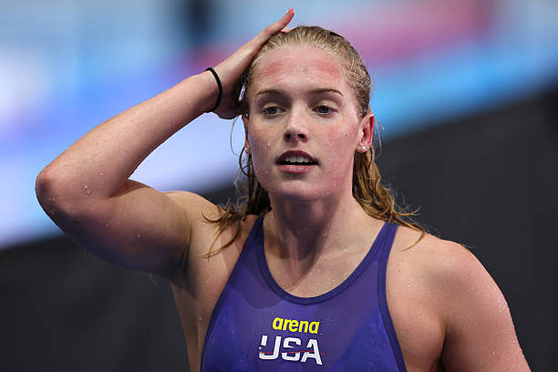 Claire Curzan of Team United States reacts after the Women's 200m Backstroke Heats on day 22 of the Singapore 2025 World Aquatics Championships at...