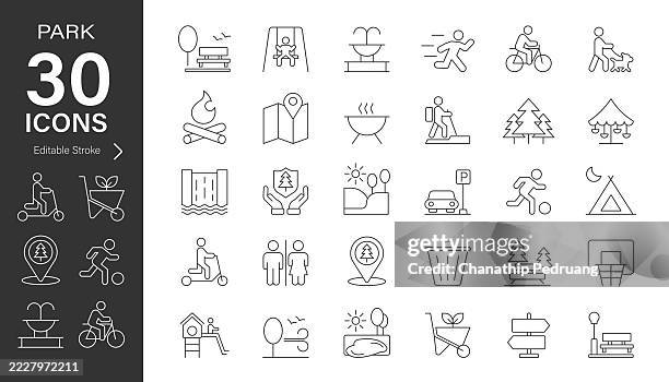 ilustraciones, imágenes clip art, dibujos animados e iconos de stock de conjunto de iconos de vector de línea de estacionamiento. píxel perfecto. trazo editable. ilustración de archivo. icono símbolo, picnic, correr, columpio, campamento - actividades recreativas