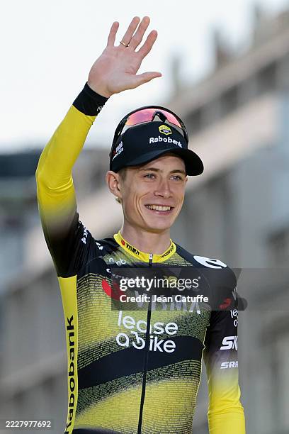 Second place of the Tour Jonas Vingegaard of Denmark and Team Visma | Lease a Bike during the final podium ceremony following Stage 21 of the 112th...
