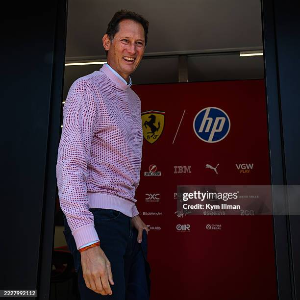 Executive Chairman of Ferrari John Elkann enters the hospitality suite during practice ahead of the F1 Grand Prix of Hungary at Hungaroring on August...