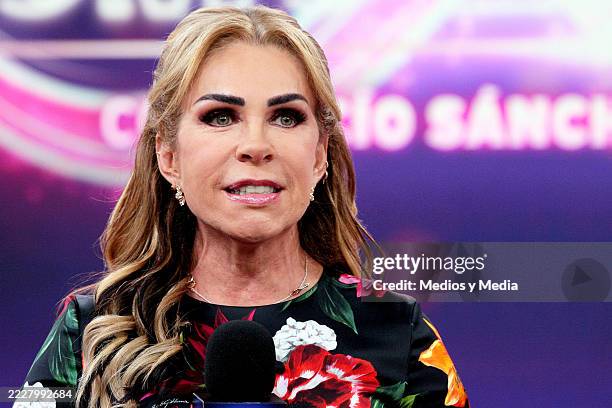 Rocío Sánchez Azuara speaks, during the presentation of the show 'Tu Historia Como La Mia' at TV Azteca on July 31, 2025 in Mexico City, Mexico.
