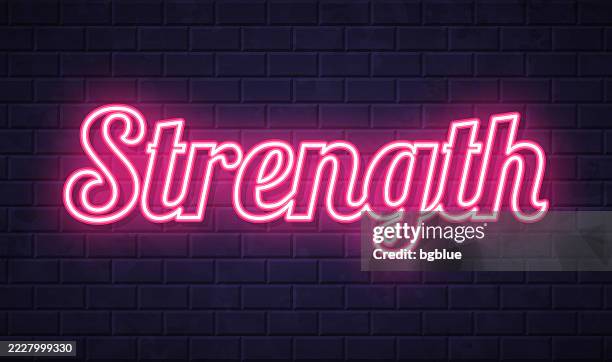 strength - glowing neon text on brick wall background - exercise background stock illustrations