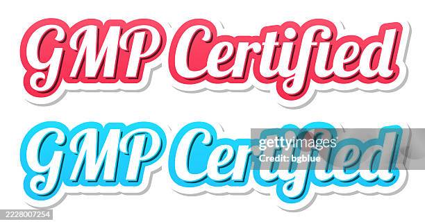 gmp certified - 3d text in red and blue on white background - factory worker white background stock illustrations