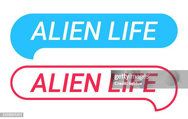 alien life - blue and red speech bubble on white background - space invaders logo stock illustrations